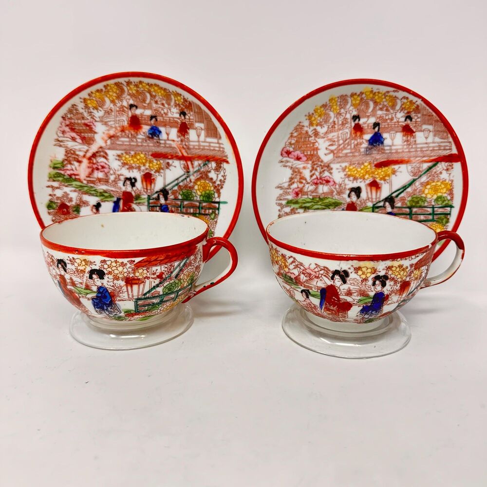 Vintage Japanese Kutani Geisha Porcelain Teacup Saucer Set Hand Painted 2 Pairs